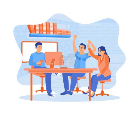 Illustration for Colleagues are celebrating the success of a work project inside the office. Cheer and raise your hands together. Happy business team, colleagues are rejoicing in the success concept. Flat vector illustration. - Royalty Free Image