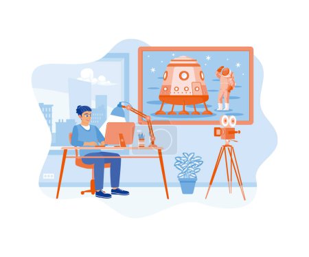The male editor works at the computer at night. They are editing astronaut videos for his clients. Video Editor concept. Flat vector illustration.