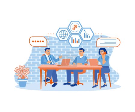 Three different business people are sitting in the office with their laptops. A young woman with a cell phone in her right hand is chatting on the phone with someone. A team of people is sitting at desks with laptops. flat vector modern illustration
