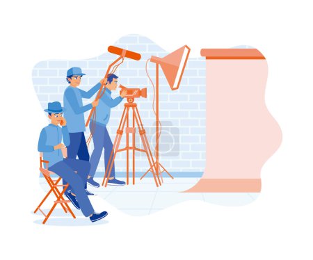 Behind the scenes of the filmmaking process. The film crew team shot in a studio with professional equipment. Film Production Concept. Flat vector illustration.