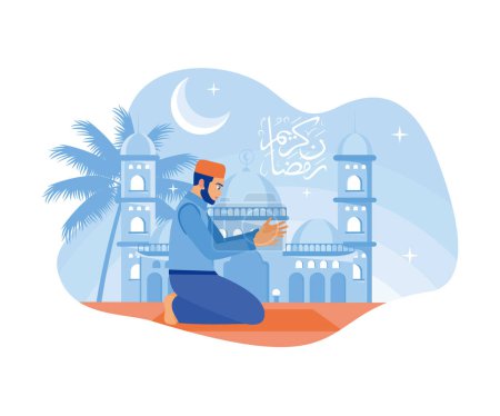 Téléchargez les illustrations : Un homme portant un peci prie sur un tapis de prière. Mosquée arrière-plan avec les mots Ramadan Kareem. Concept Ramadan Kareem. Illustration moderne vectorielle plate. - en licence libre de droit