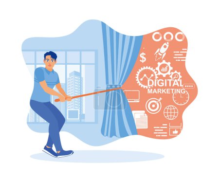 Illustration for Man pulling rope and making business marketing concepts on the wall. Marketing concept. Flat vector illustration. - Royalty Free Image