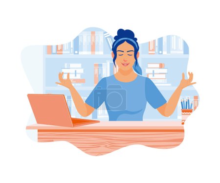 Young businessman relaxing and meditating with a laptop. Practice yoga breathing at work. Self-improvement concept. flat vector modern illustration