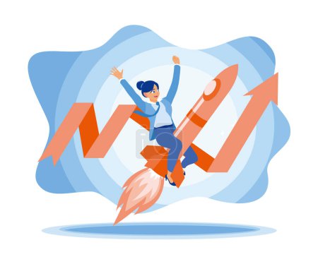 Illustration for Young businesswoman riding a rocket. Starting a new business idea towards success. Businessman holding rocket concept. flat vector modern illustration - Royalty Free Image