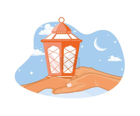 Téléchargez les illustrations : Deux paires de mains tenant une lanterne la nuit. Ambiance de soirée lumineuse. Concept Ramadan Kareem. Illustration moderne vectorielle plate. - en licence libre de droit