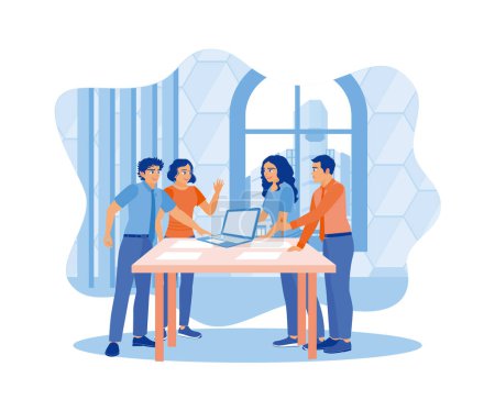 Illustration for Diverse coworkers discuss and plan work projects in the office. Meetings, exchanging ideas. Business people in office workplace concept. Flat vector illustration. - Royalty Free Image