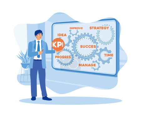 Illustration for Male managers create company performance mechanisms using gear symbols. Smart KPI concept. flat vector modern illustration - Royalty Free Image