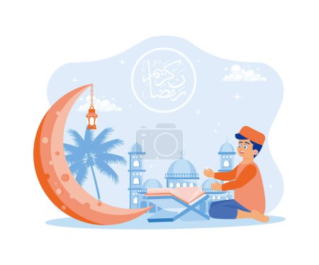 Muslim boy reading Koran decorated with crescent moon and lantern. Ramadan Kareem and Ramadan Mubarak greeting design concept. flat vector modern illustration