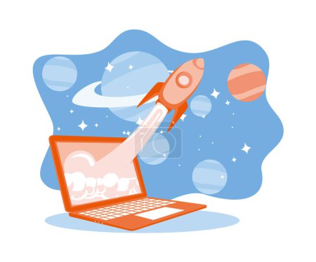 Illustration for A rocket flies from the laptop screen. New project concept towards success. Rocket is launching the boost concept. Flat vector illustration. - Royalty Free Image