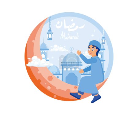 Muslim boy sitting on the crescent moon. Happy to welcome the coming month of Ramadan. Ramadan Kareem concept. flat vector modern illustration