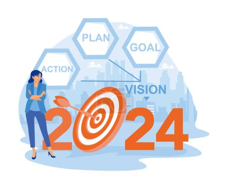 Businesswoman making plan ideas to achieve business goals in 2024. City view in the background. Business in the New Year 2024 concept. Trend Modern vector flat illustration