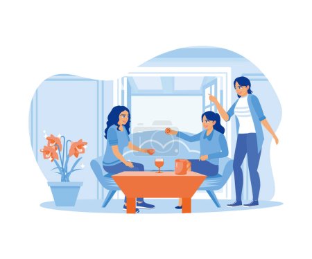 Illustration for Girls are having fun at home. Enjoy a drink and chat together. Smiling woman friends drinking tea at home. flat vector modern illustration - Royalty Free Image