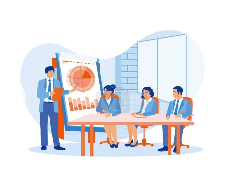 Male leader presenting to the board, business planning, and analysis. Project management and startup development. Business analysis instruments. flat vector modern illustration