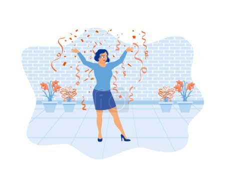 Illustration for Young woman celebrating birthday. Women with festive confetti serve as decorations. Celebration concept. Flat vector illustration. - Royalty Free Image