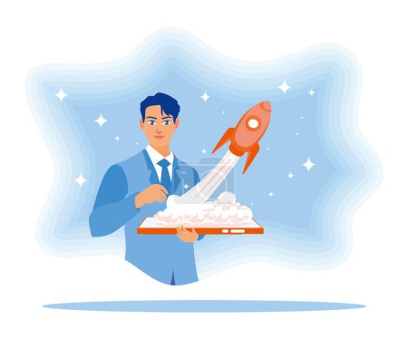 Illustration for Young entrepreneur improves ranking in search engines. Rocket icon launching from tablet. Rocket is launching the boost concept. flat vector modern illustration - Royalty Free Image