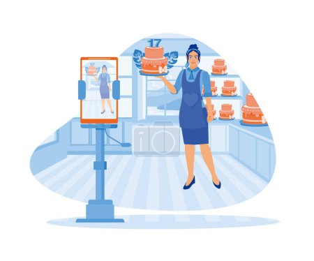 Illustration for A young woman making a birthday cake in the kitchen. A female pastry chef is vlogging using a mobile phone mounted on a tripod. Content Creator concept. Flat vector illustration. - Royalty Free Image