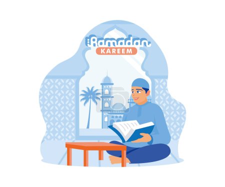 Téléchargez les illustrations : Un musulman lisant le Coran dans la mosquée. Concept Ramadan Kareem. Illustration moderne vectorielle plate. - en licence libre de droit