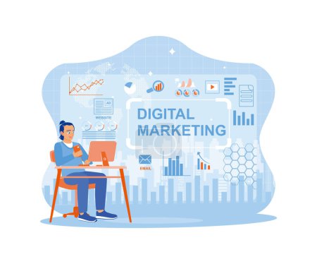 Illustration for Young man working using smart phone and computer. Analyzing online marketing strategies via social media. Digital Marketing Content concept. trend flat vector modern illustration - Royalty Free Image