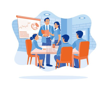 Illustration for Diverse colleagues gather in the presentation room. Discussing office financial statistics with graphs and diagrams on the board. Teamwork meeting concept. Flat vector illustration. - Royalty Free Image
