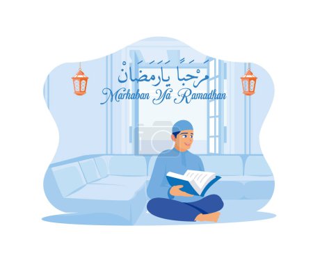 Téléchargez les illustrations : L'homme est assis devant le canapé à la maison. Lire le Coran la nuit pendant le mois de Ramadan. Joyeux Eid Moubarak concept. illustration moderne vectorielle plate - en licence libre de droit