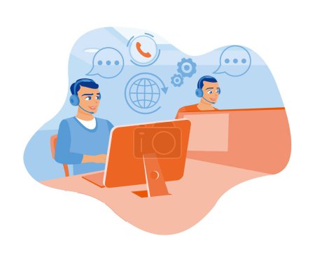 Illustration for Two men work in a call center office. Talking to a client using a headset in front of a computer. Woman with phone calling to customer support service concept. flat vector modern illustration - Royalty Free Image