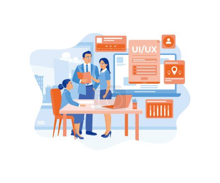 Illustration for Diverse designers are discussing at a modern office desk. Develop mobile application interface wireframe design. Digital business concept. Flat vector illustration. - Royalty Free Image