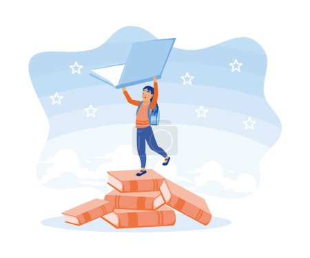 Illustration for Cheerful girl standing on a pile of books. Bring an open book to read. Education concept. Flat vector illustration. - Royalty Free Image