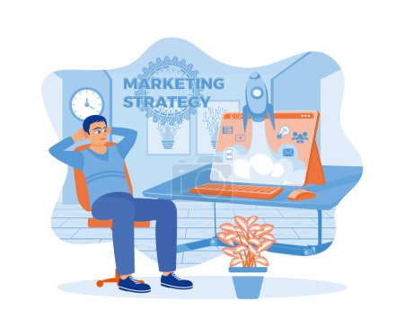 Entrepreneurs develop marketing strategy technology. A rocket icon appears on the laptop screen. Marketing concept. Flat vector illustration.