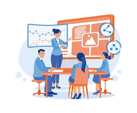 The man sits in the office and presents the campaign idea to the client. Women are standing and directing a business promotion strategy and digital marketing on board. Agency worker meeting a client. flat vector modern illustration
