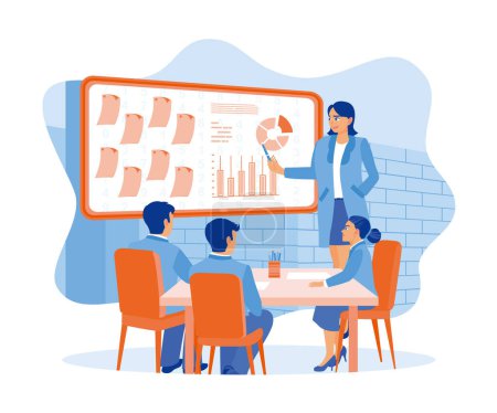 Illustration for Female manager leading meeting in office. Discuss and plan business developments with on-screen graphs. Teamwork meeting concept. Flat vector illustration. - Royalty Free Image
