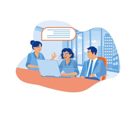 Illustration for A group of young businessmen are working in front of a laptop. Beautiful woman discussing something with her coworkers while smiling. A team of people is sitting at desks with laptops. flat vector modern illustration - Royalty Free Image