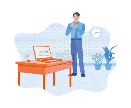 A male accountant working in a modern office. Displays statistical data on the laptop screen. Business analysis concept. Flat vector illustration.