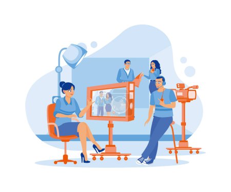 The female director sits on a chair, talking with an assistant inside the studio. Assessing the film model's acting through the monitor screen. Film Production concept. Flat vector illustration.