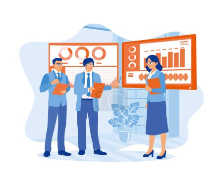 Illustration for The company operations manager held a presentation with the business team in the meeting room. Employees are working. Business analysis concept. Flat vector illustration. - Royalty Free Image