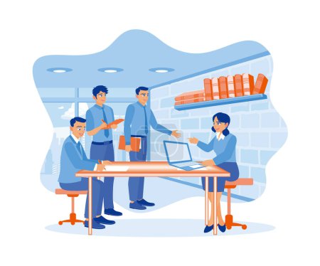 Illustration for Businesswoman leading meeting with colleagues. Discussing and planning business projects in the office. Business people in office workplace concept. Flat vector illustration. - Royalty Free Image