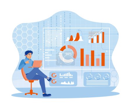 Illustration for The man works using a laptop to provide information for Key Performance Indicators (KPIs). Analyze marketing with charts, graphs, and data. Business intelligence technology and big data concept. trend flat vector modern illustration - Royalty Free Image