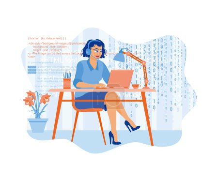 Ilustración de Mujer joven que trabaja en el ordenador portátil mientras escucha música. Trabaja de noche. Concepto de desarrolladores de software. vector plano ilustración moderna - Imagen libre de derechos