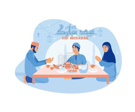 Téléchargez les illustrations : Des familles musulmanes se sont rassemblées à table. Manger ensemble pendant l'Aïd al Fitr. Joyeux Eid Moubarak concept. illustration moderne vectorielle plate - en licence libre de droit