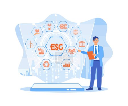 Illustration for Businessman accessing ESG concepts on virtual screen. The ESG Environment social governance investment business concept is on screen. Sustainable economic growth with renewable energy and natural resources concept. Flat vector illustration. - Royalty Free Image