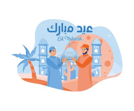 Illustration for Two adult men shake hands. Celebrate Eid al Fitr and forgive each other. Happy Eid Mubarak concept. flat vector modern illustration - Royalty Free Image