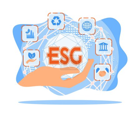 Téléchargez les illustrations : Icône ESG en main. Le concept de gouvernance environnementale, sociale et durable. Le concept d'icône ESG. Illustration vectorielle plate. - en licence libre de droit