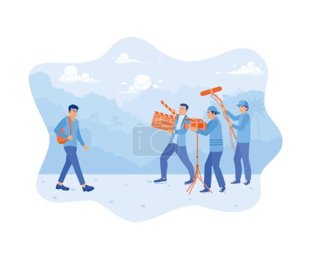 Male model walking in nature. A film crew team shoots a movie scene outdoors. Film Production Concept. Flat vector illustration.