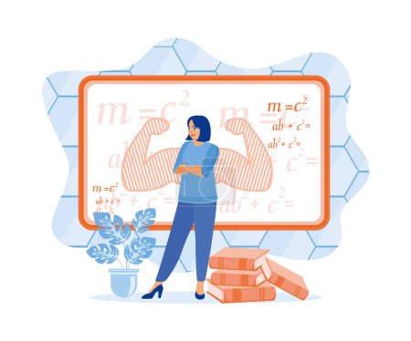 Intelligent woman standing in front of a blackboard. Young, strong teacher teaching his students in class. Self-improvement concept. Flat vector illustration.