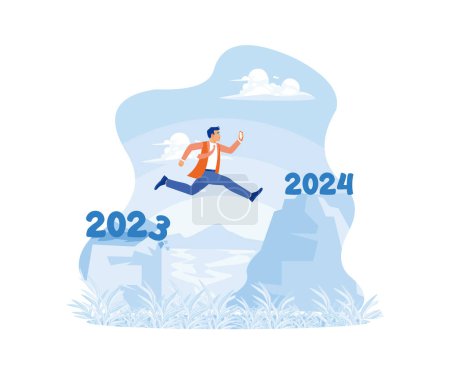 Ilustración de Los emprendedores saltan del precipicio del pasado al futuro. Están haciendo cambios de negocio de 2023 a 2024. Feliz Año Nuevo 2024 concepto. Tendencia Moderno vector ilustración plana - Imagen libre de derechos
