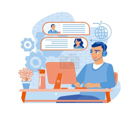 Friendly man wearing a headset talking to a client and looking at a computer screen. Woman with phone calling to customer support service concept. Flat vector illustration.