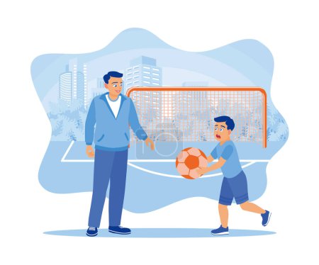 Illustration for The father is playing football with his son on the field. Dad spent the weekend playing with his son. Childrens concept. Flat vector illustration. - Royalty Free Image