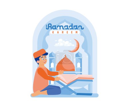 Ilustración de El niño lee el Corán con decoraciones de mezquitas y una luna creciente. Ramadan Kareem y Ramadan Mubarak saludan concepto de diseño. vector plano ilustración moderna - Imagen libre de derechos
