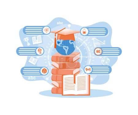 Illustration for Student learning process. Stack of textbooks. Graduation hat. Study at university. Education infographic. Students in the learning process. flat vector modern illustration - Royalty Free Image