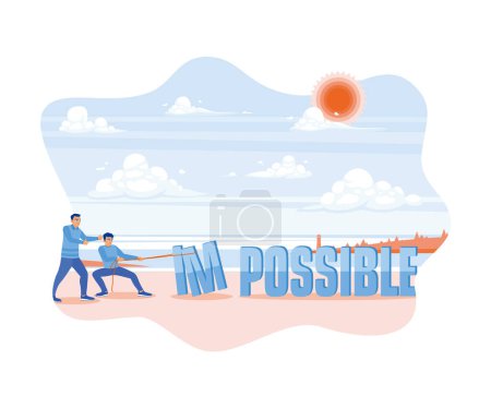 Illustration for Two men standing on the beach in the afternoon. Turn impossible text into possible using strings. Self-improvement concept. flat vector modern illustration - Royalty Free Image