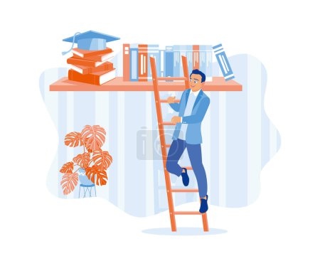 Illustration for A man tries to climb a ladder to get a book on a bookshelf. Educational process to achieve success. Education concept. flat vector modern illustration - Royalty Free Image